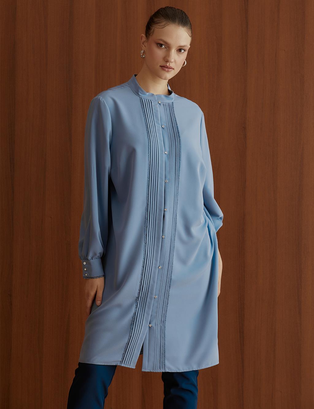Ribbed Grandad Collar Tunic Sky Blue