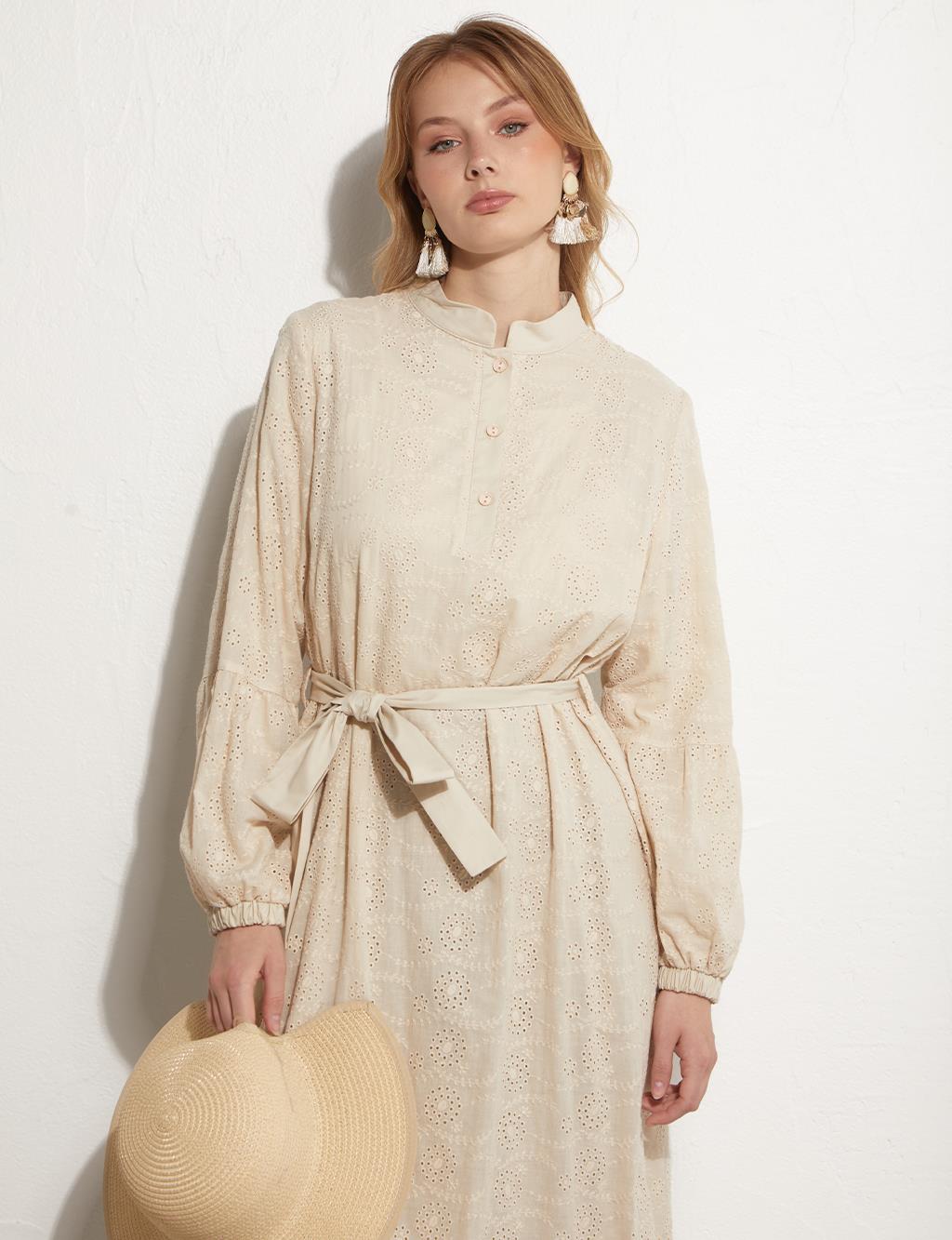 Embroidered dress with waistband in cream