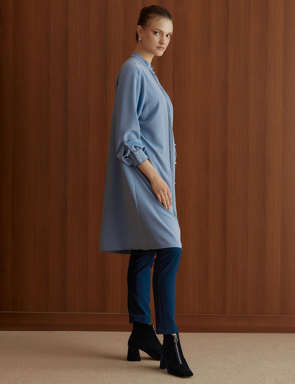 Ribbed Grandad Collar Tunic Sky Blue
