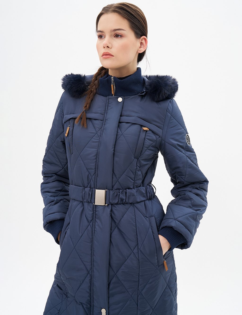 High Collar Zipper Detailed Quilted Coat Dark Navy Blue