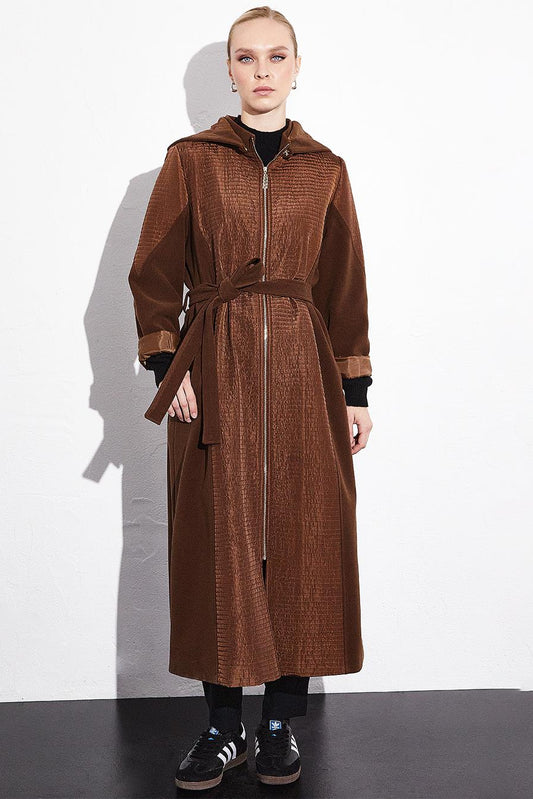 Removable Hooded Zippered Coat Dark Brown