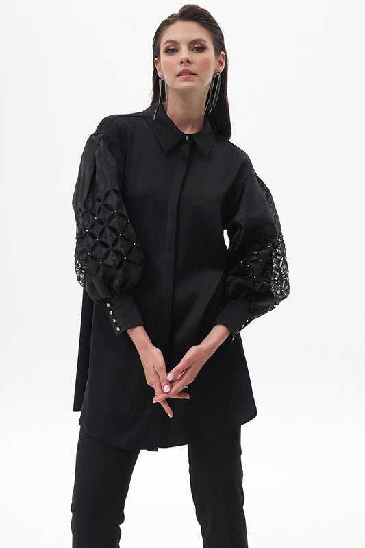 Satin Tunic with Sleeve Detail Black