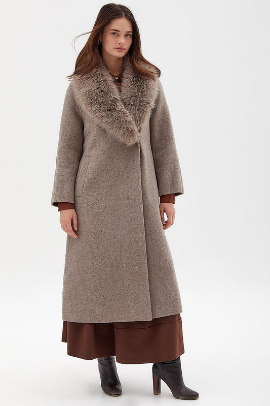 Premium Wool Coat with Fur, Double-Breasted and Belted, Stone Color