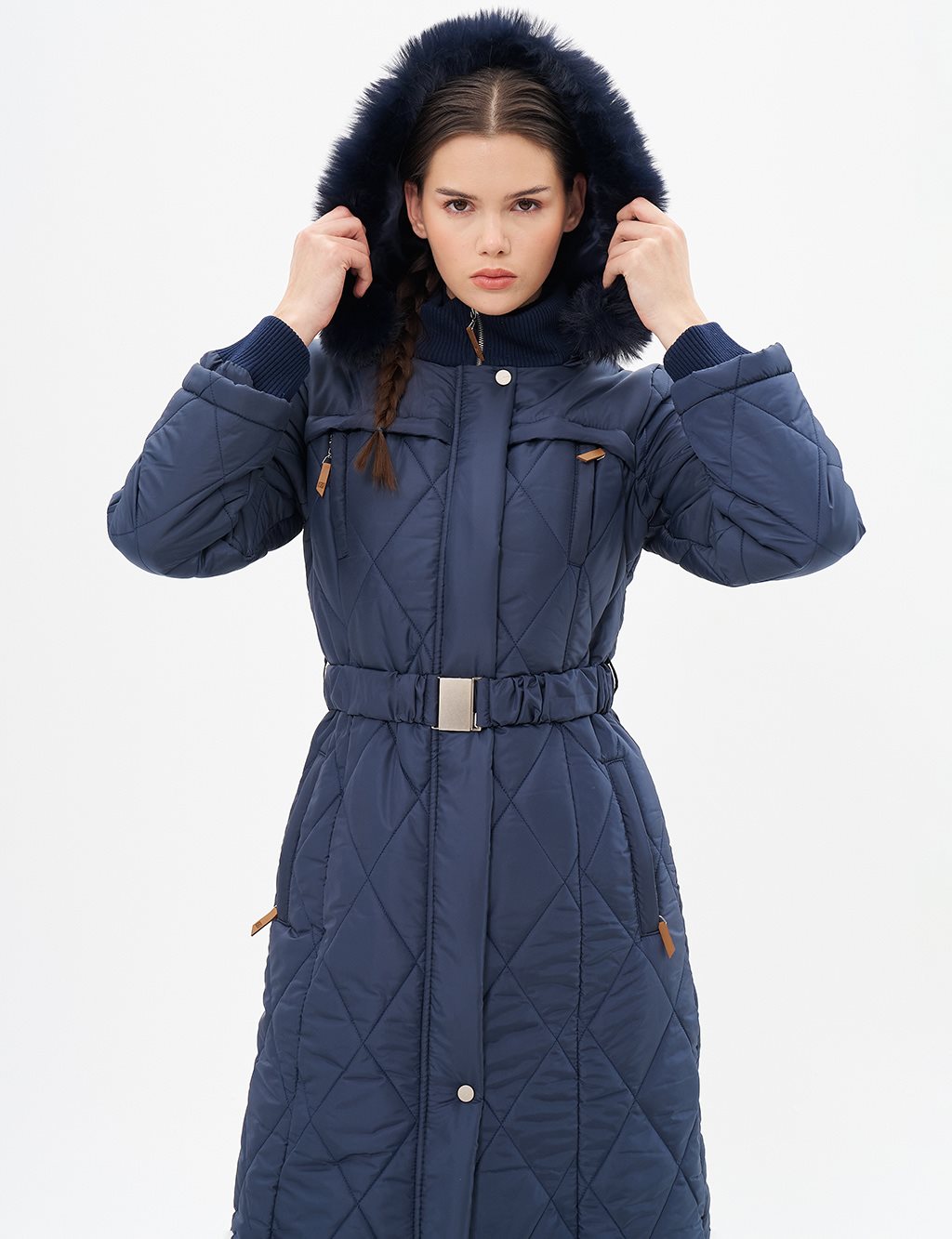 High Collar Zipper Detailed Quilted Coat Dark Navy Blue