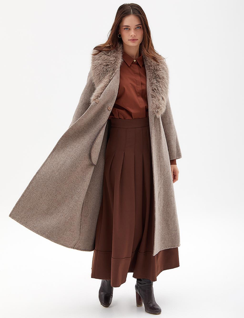 Premium Wool Coat with Fur, Double-Breasted and Belted, Stone Color