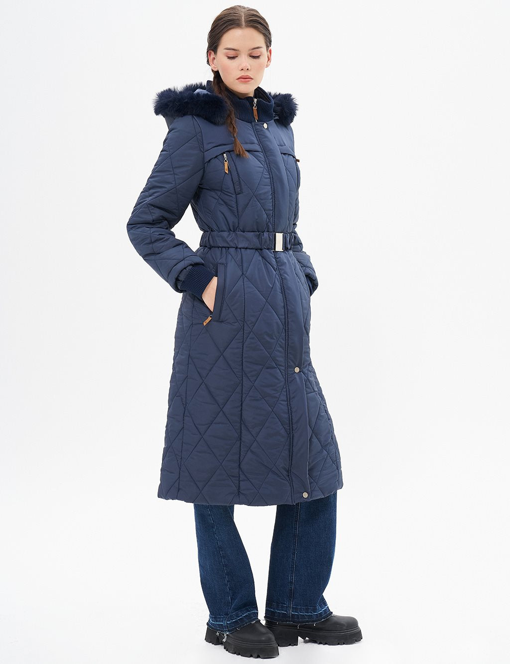 High Collar Zipper Detailed Quilted Coat Dark Navy Blue