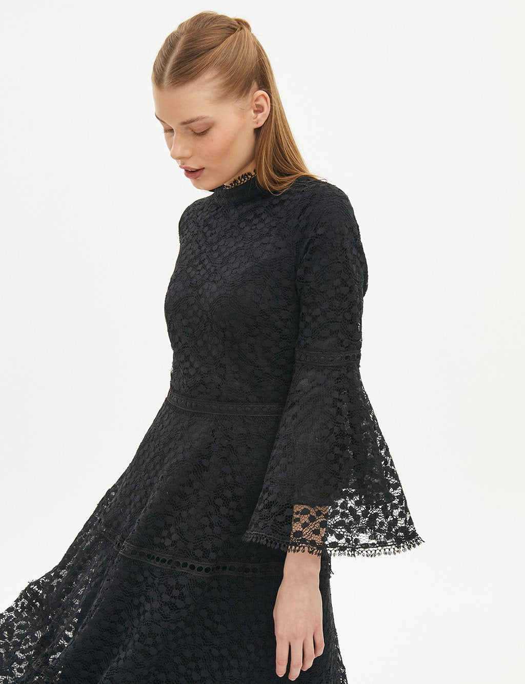 Black lace dress with striped ruffles