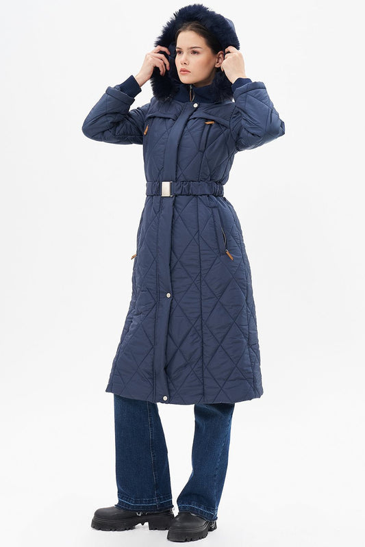 High Collar Zipper Detailed Quilted Coat Dark Navy Blue