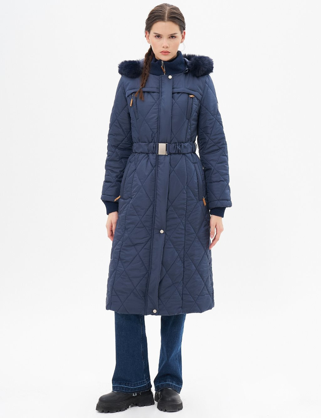 High Collar Zipper Detailed Quilted Coat Dark Navy Blue