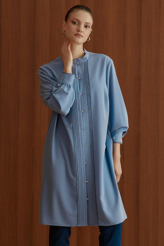 Ribbed Grandad Collar Tunic Sky Blue