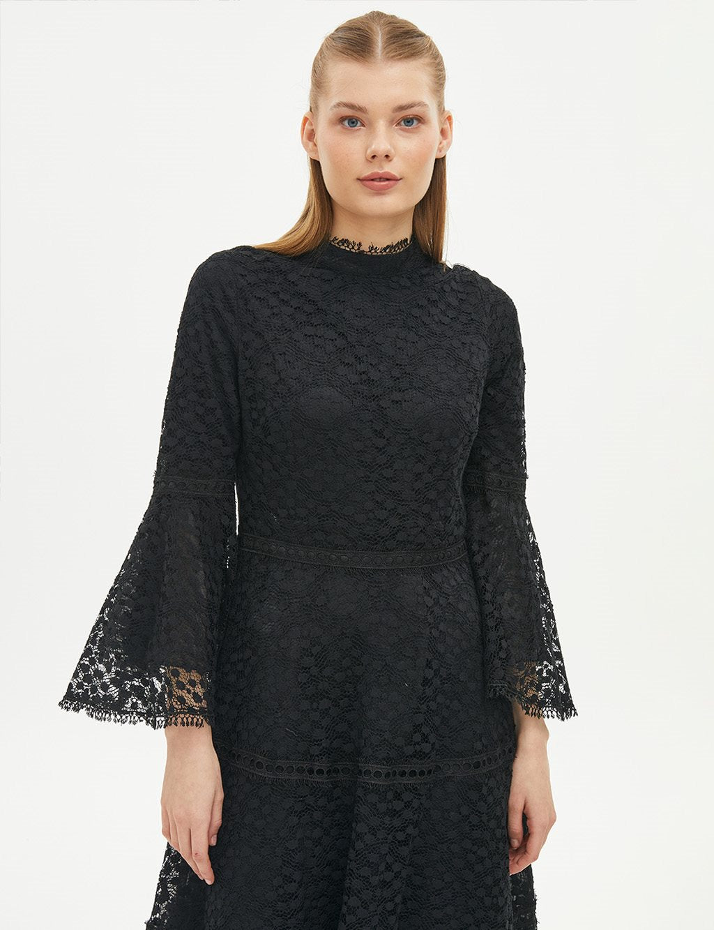 Black lace dress with striped ruffles