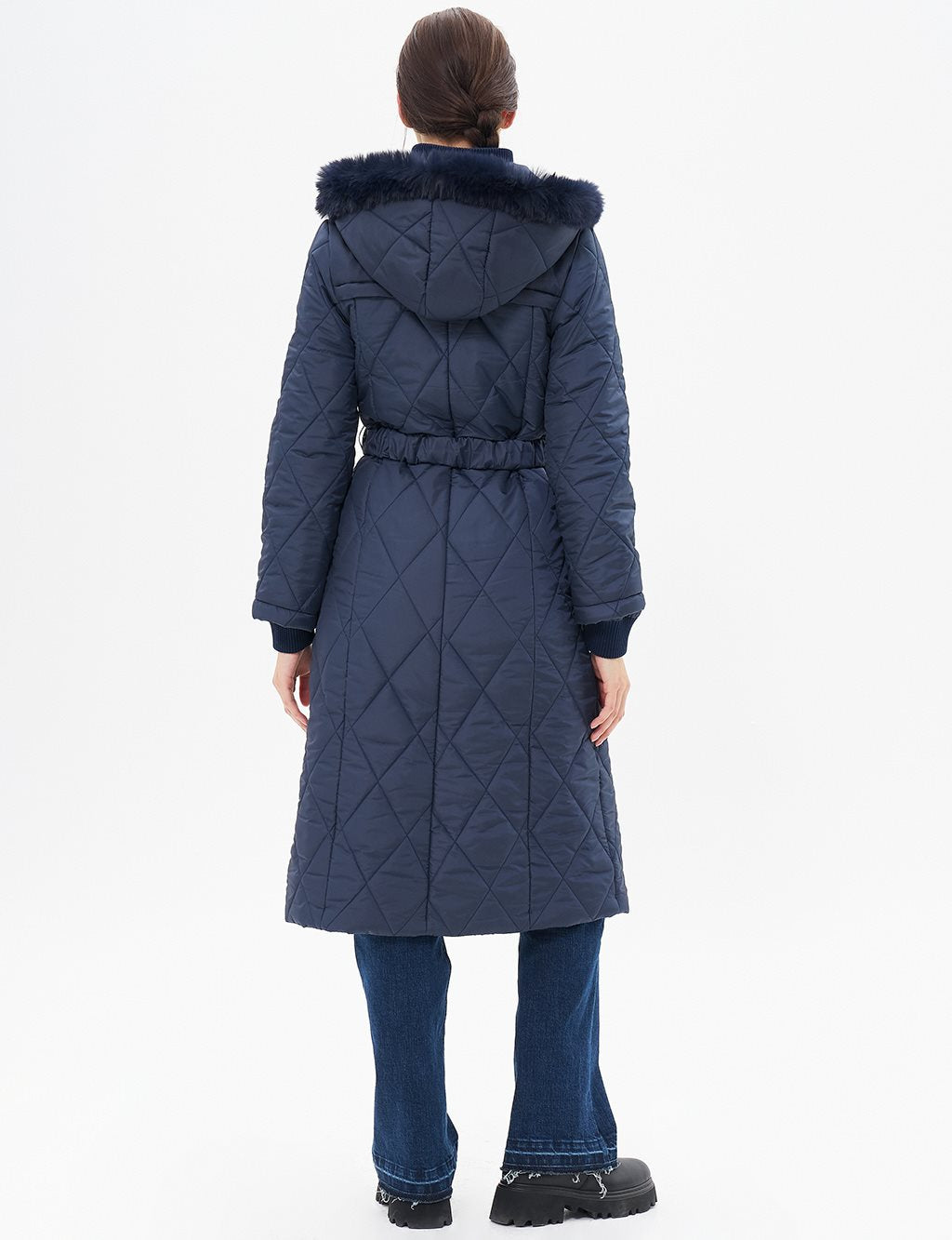 High Collar Zipper Detailed Quilted Coat Dark Navy Blue