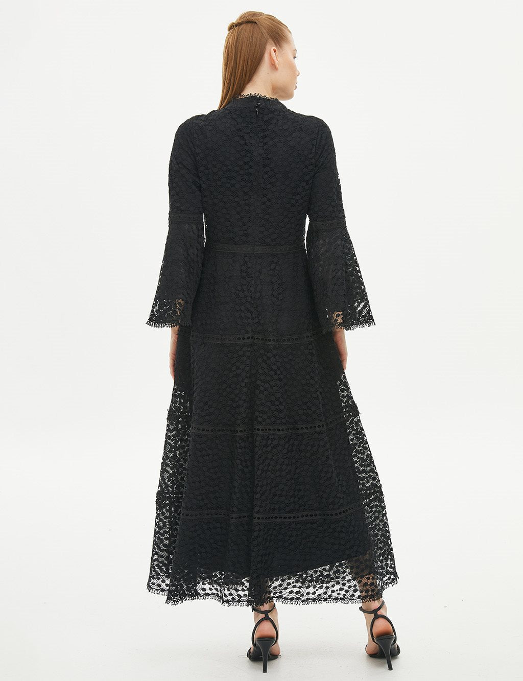 Black lace dress with striped ruffles