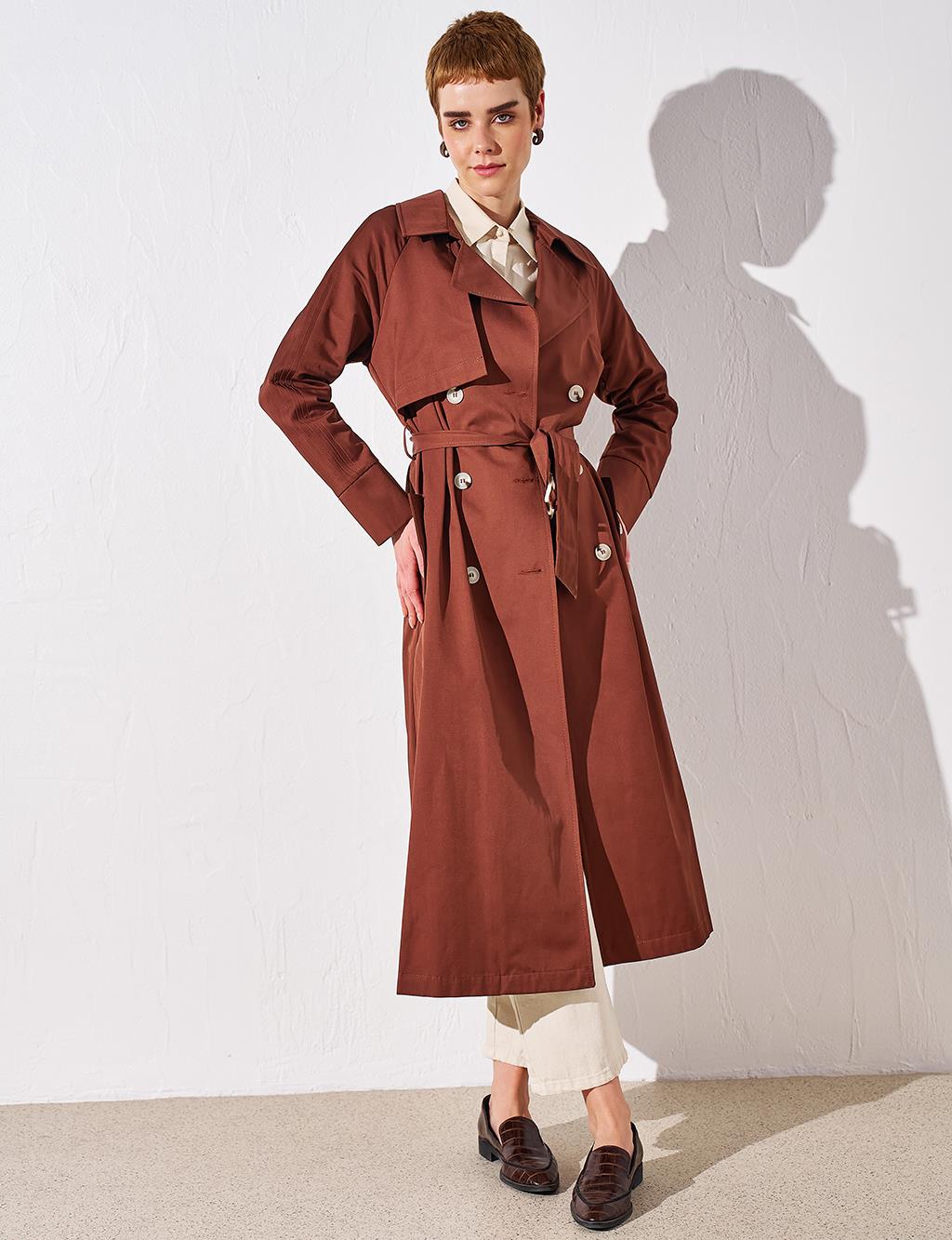 Belted Bone Buttoned Coat Brown