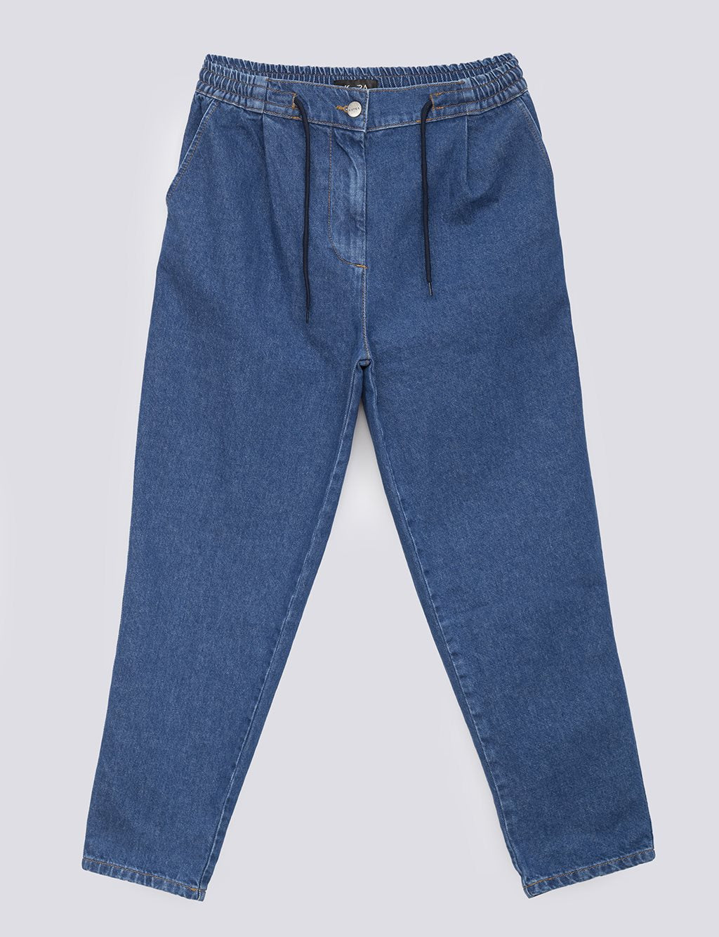 Elastic Waist Carrot Cut Denim Pants Navy