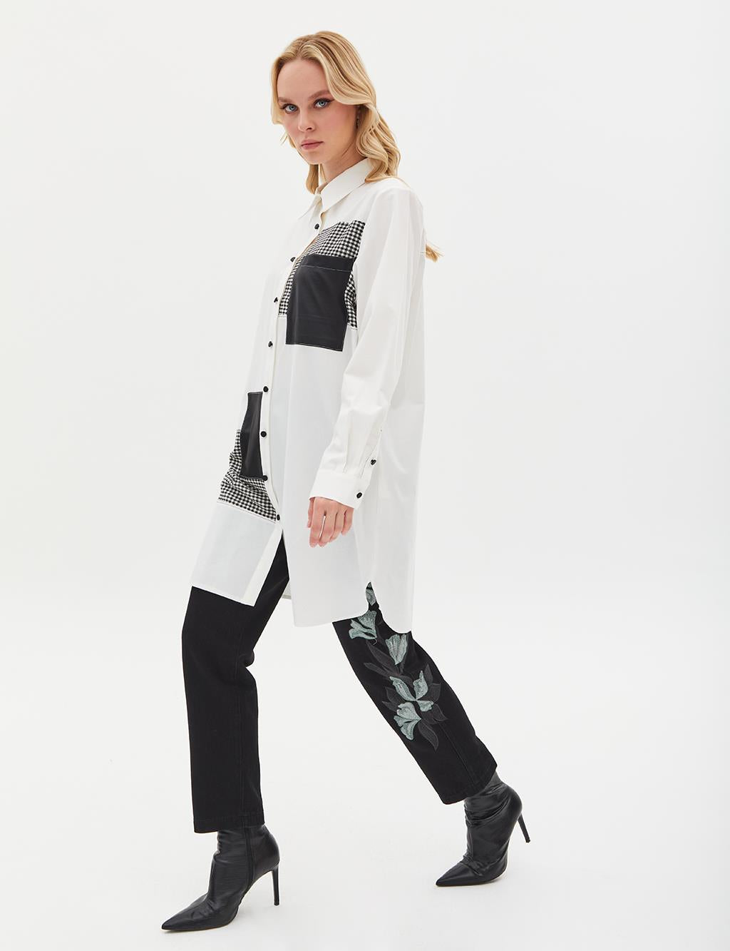 Shirt Collar Houndstooth and Leather Paneled Contrast-Stitched Shirt - Ecru