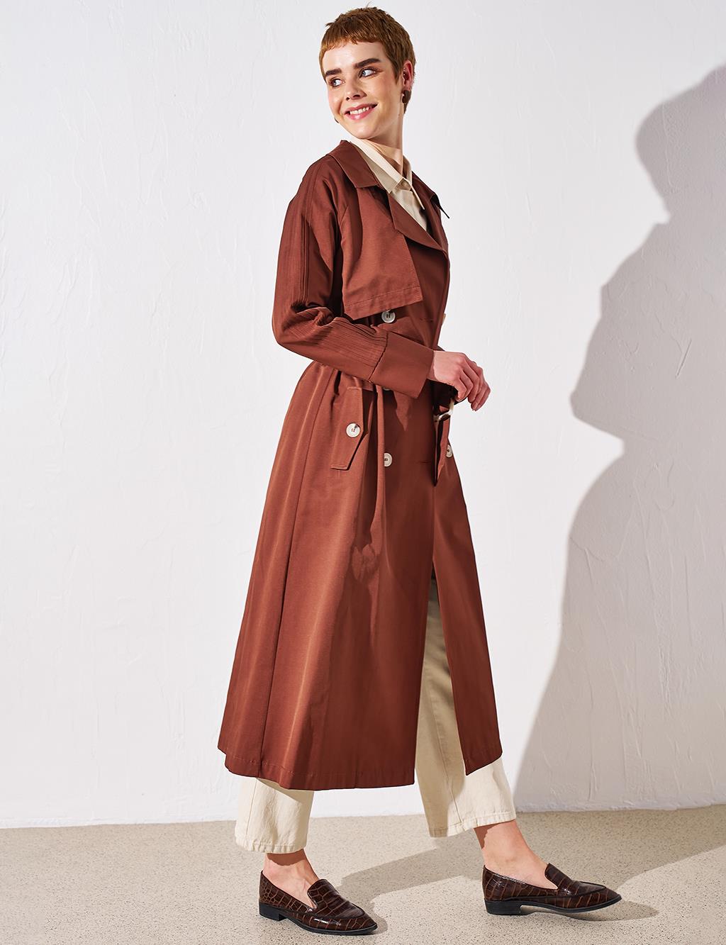 Belted Bone Buttoned Coat Brown