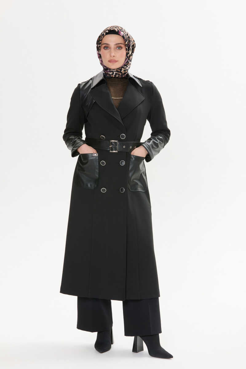 Kemer ve detaylara sahip deri karışımı şık ceket