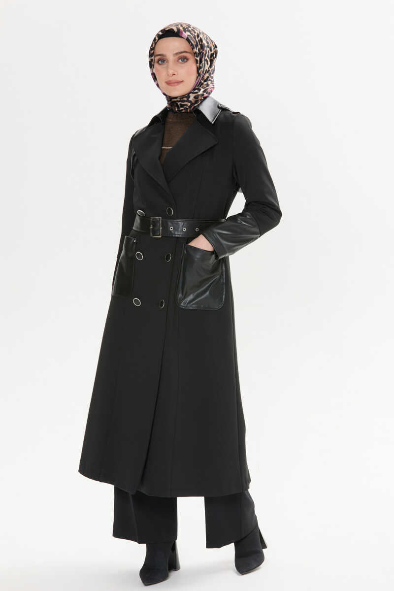 Kemer ve detaylara sahip deri karışımı şık ceket