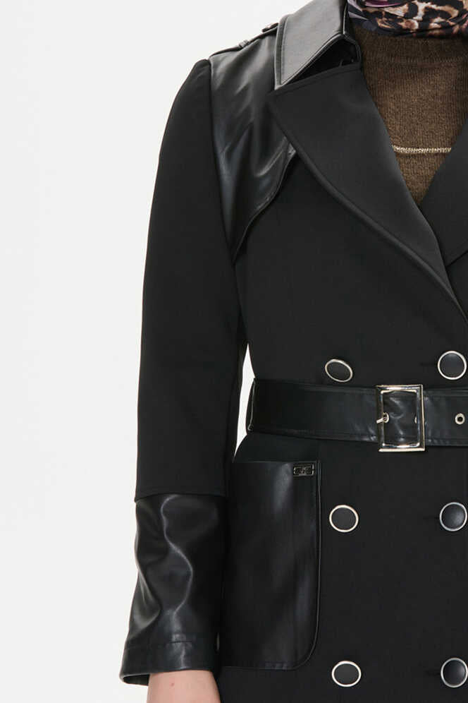 Kemer ve detaylara sahip deri karışımı şık ceket