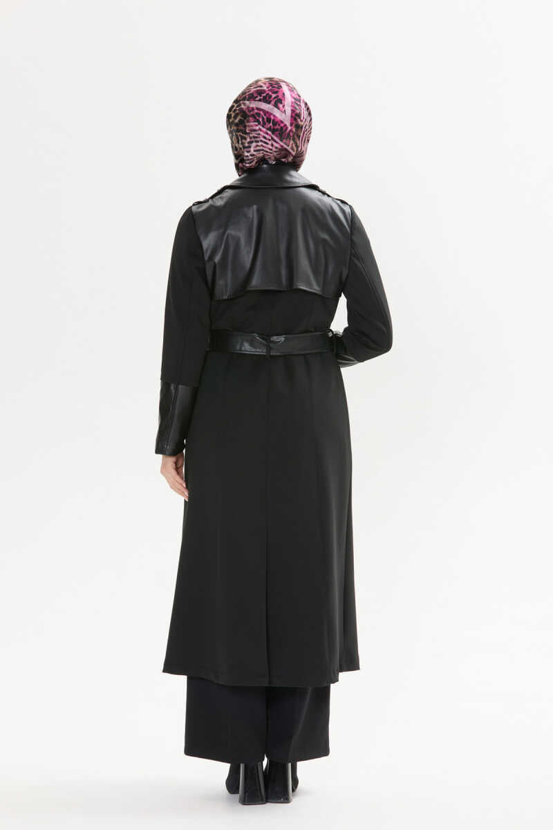 Kemer ve detaylara sahip deri karışımı şık ceket