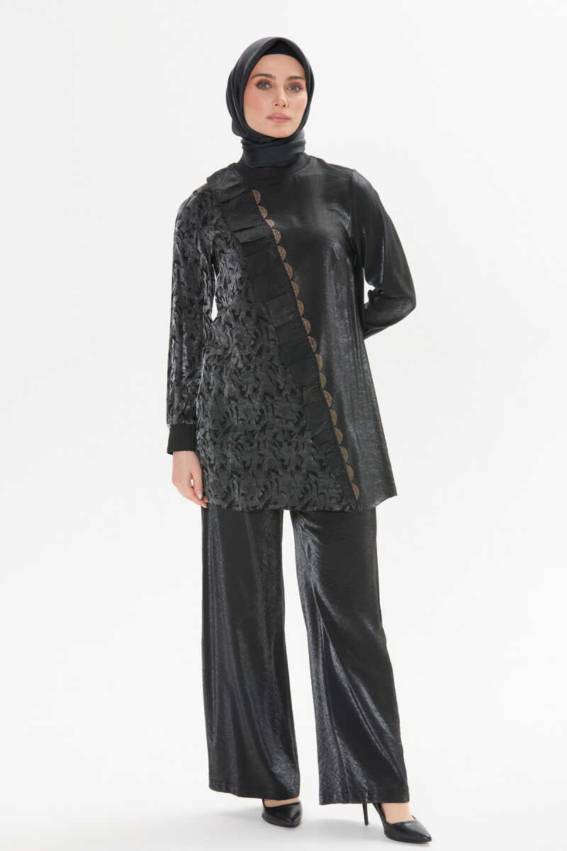 Fırfır Detaylı Parlak Tunik ve Pantolon Takımı
