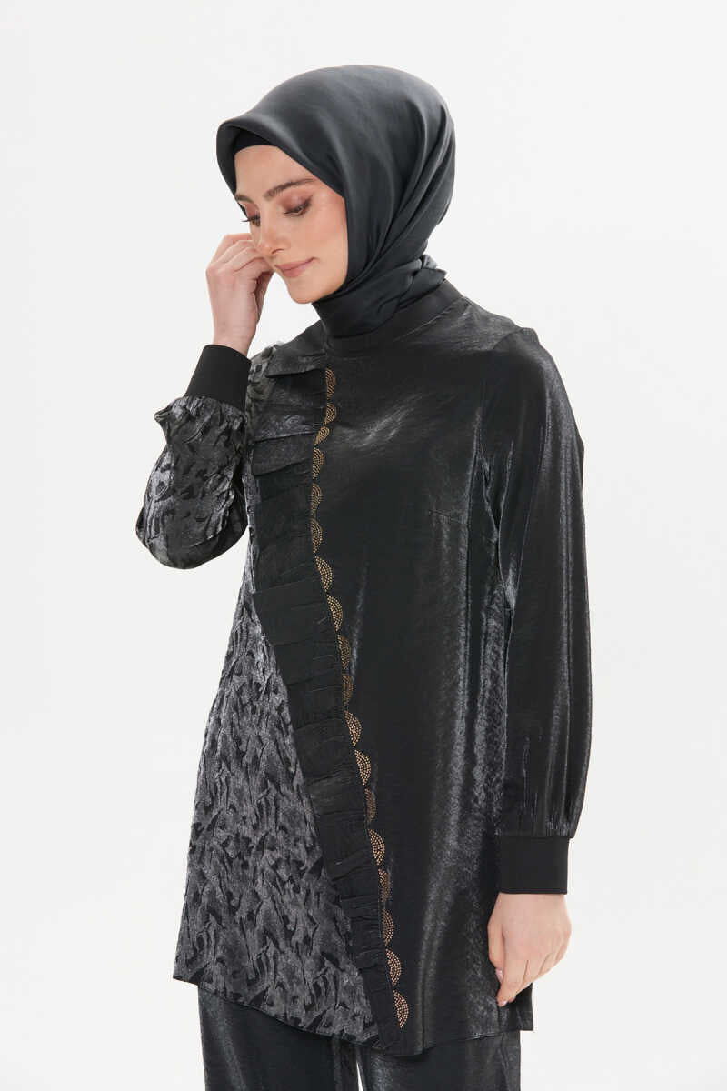 Fırfır Detaylı Parlak Tunik ve Pantolon Takımı