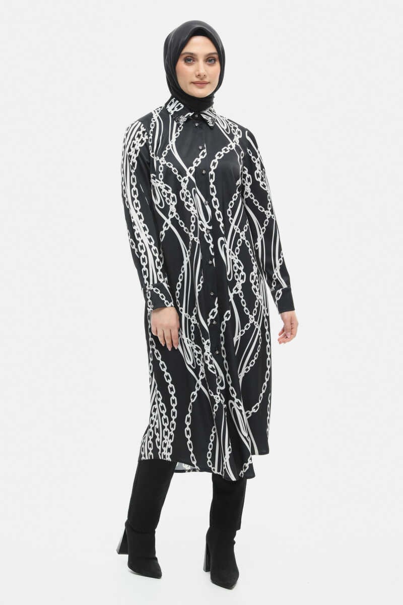 Taş Detaylı Uzun Desenli Tunik