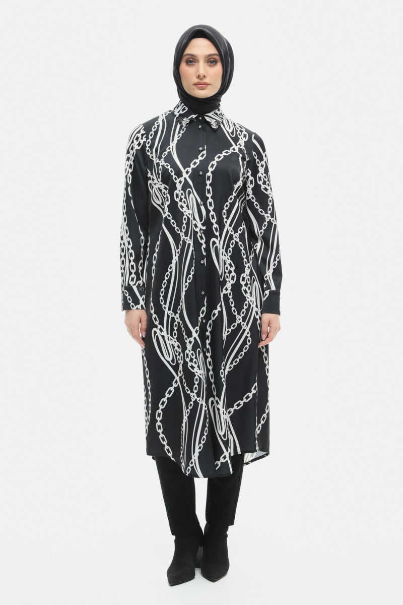 Taş Detaylı Uzun Desenli Tunik