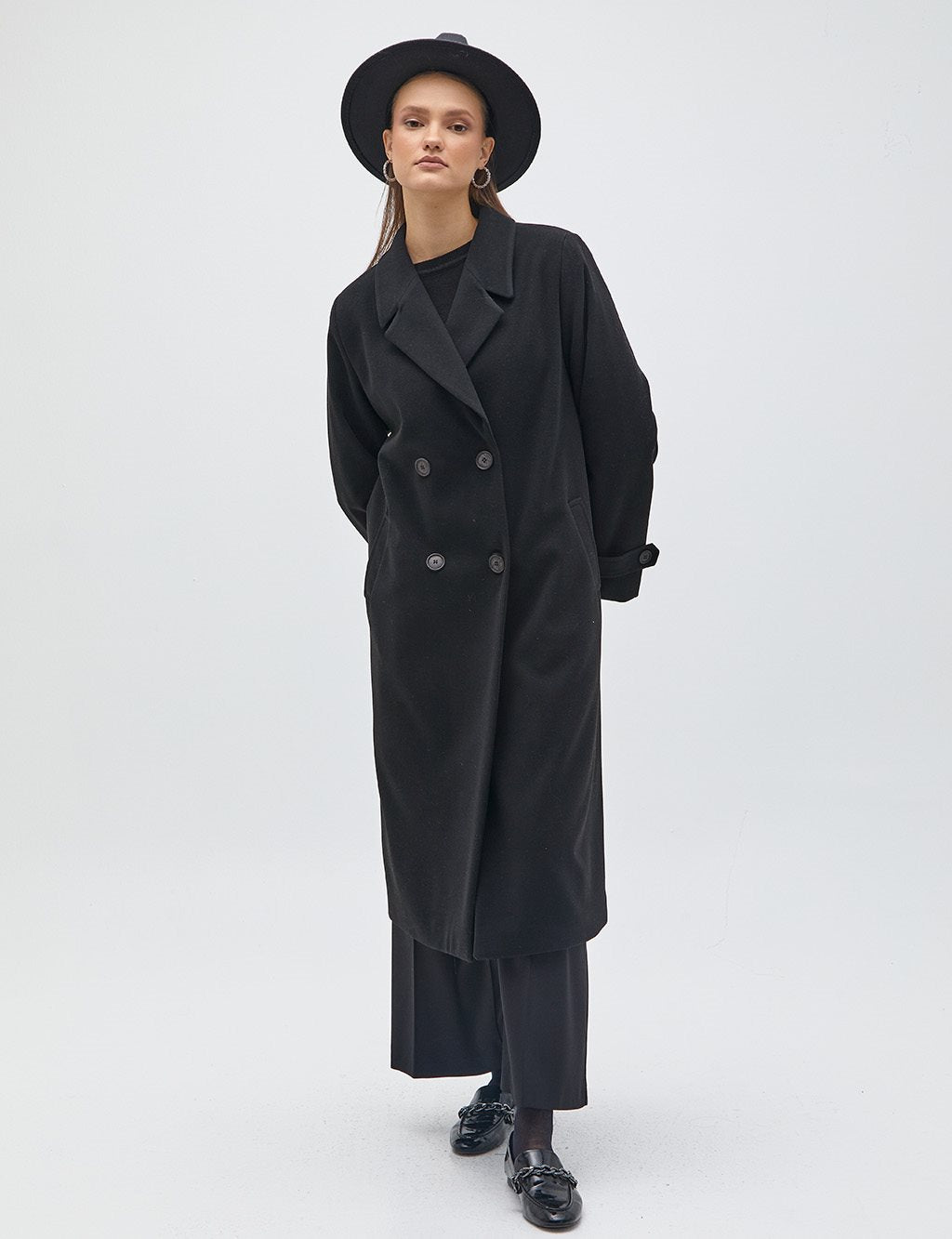 Ankle Epaulette Double Breasted Coat Black