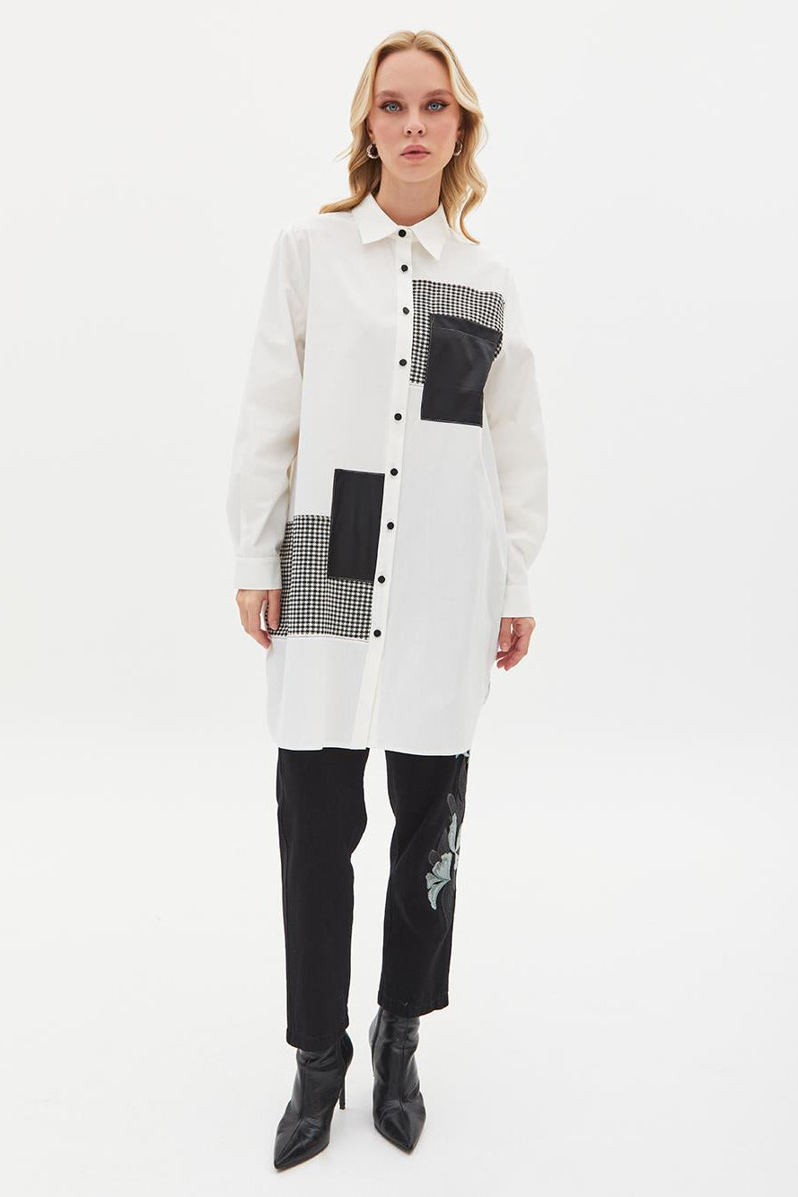 Shirt Collar Houndstooth and Leather Paneled Contrast-Stitched Shirt - Ecru