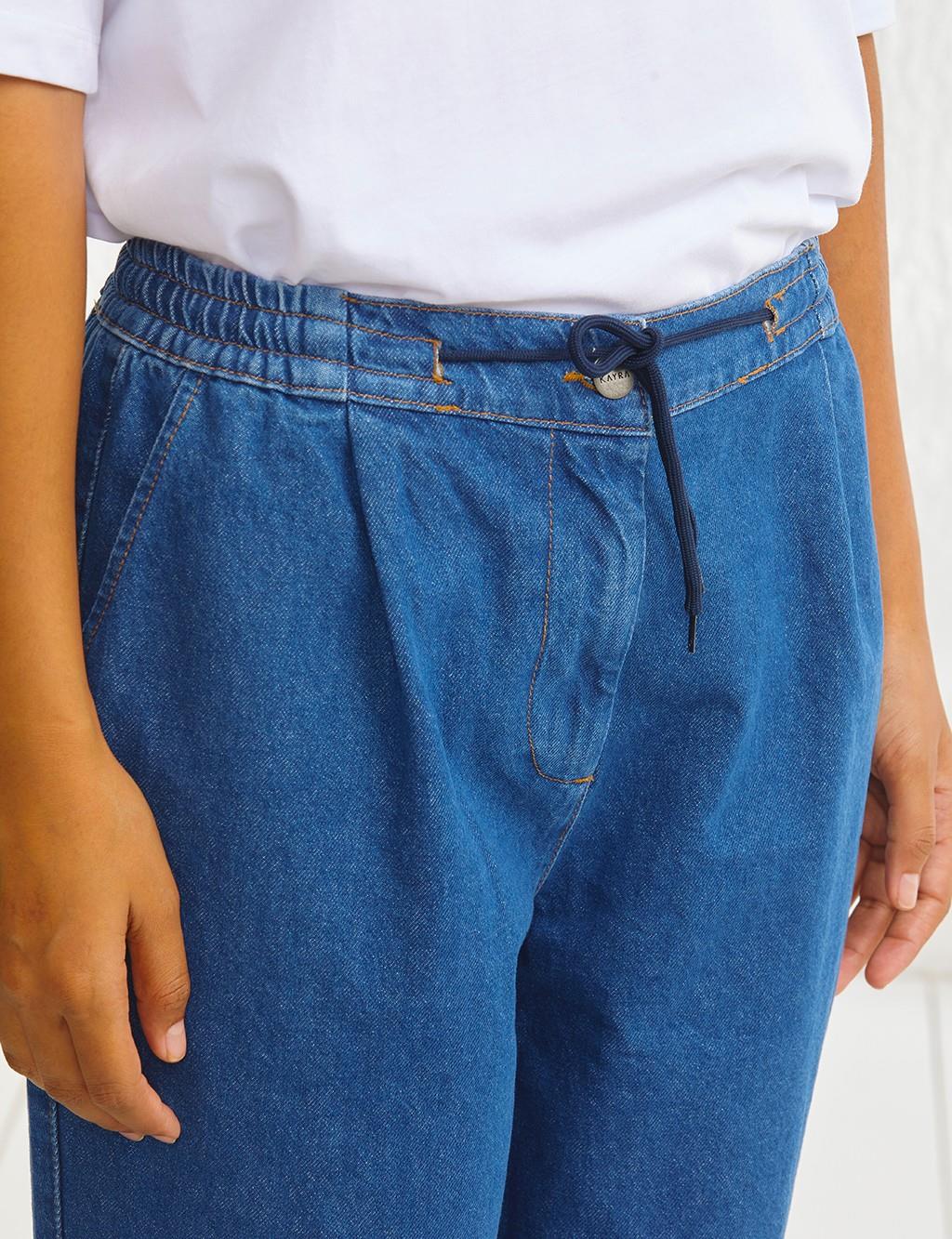 Elastic Waist Carrot Cut Denim Pants Navy