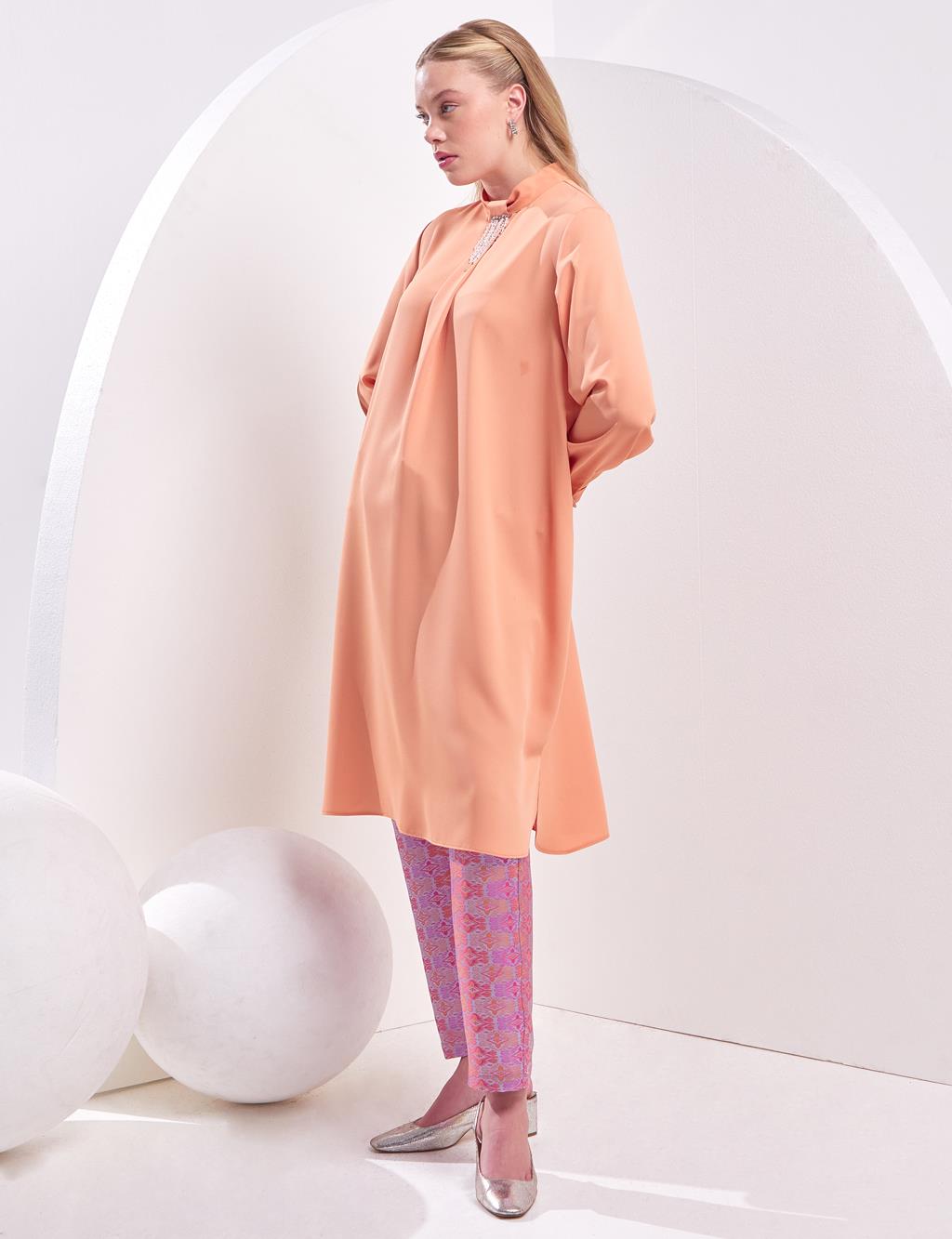 Embroidered Standing Collar Tunic Peach