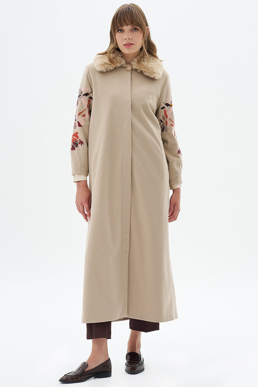 Faux Fur Detailed Embroidered Coat Light Beige