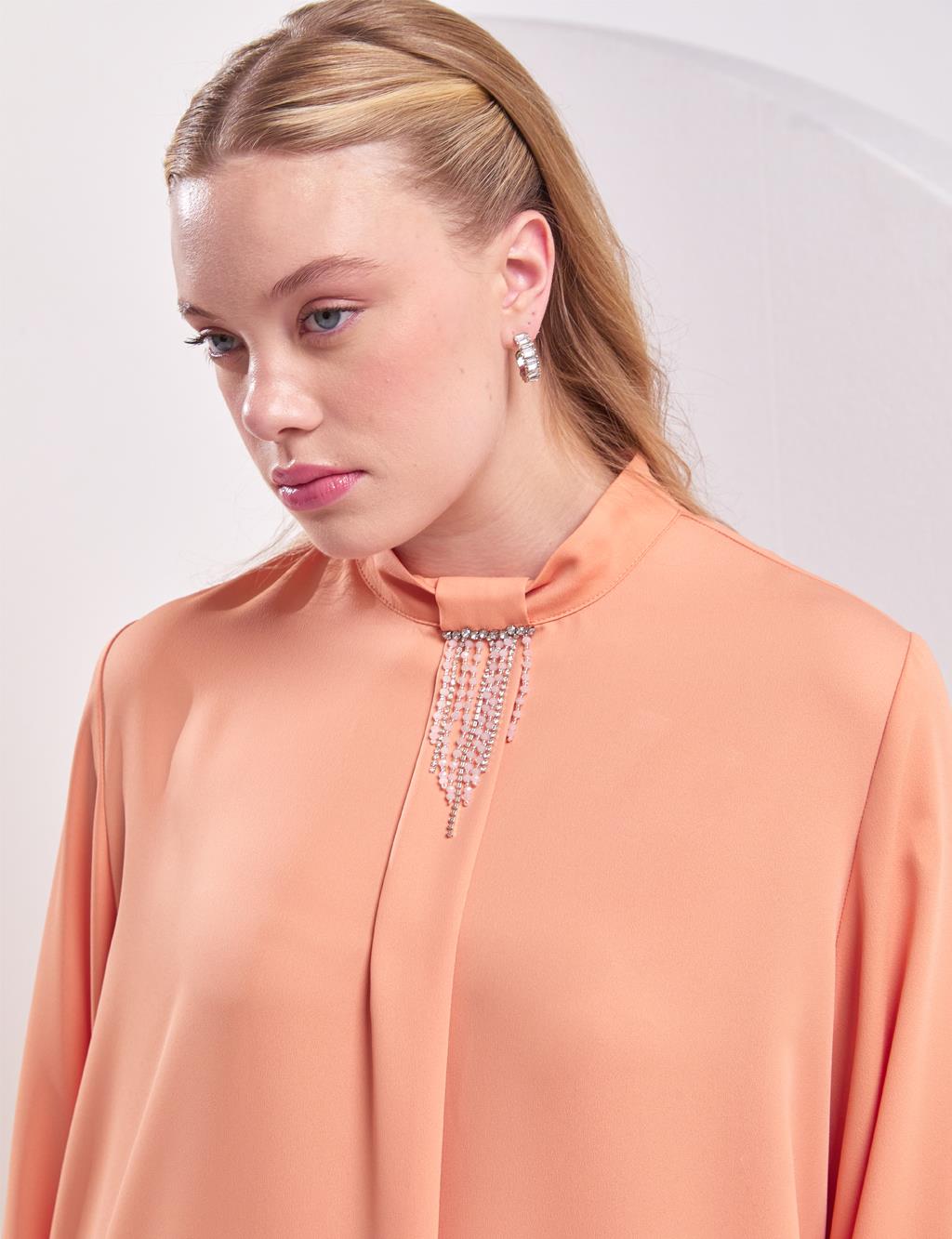 Embroidered Standing Collar Tunic Peach