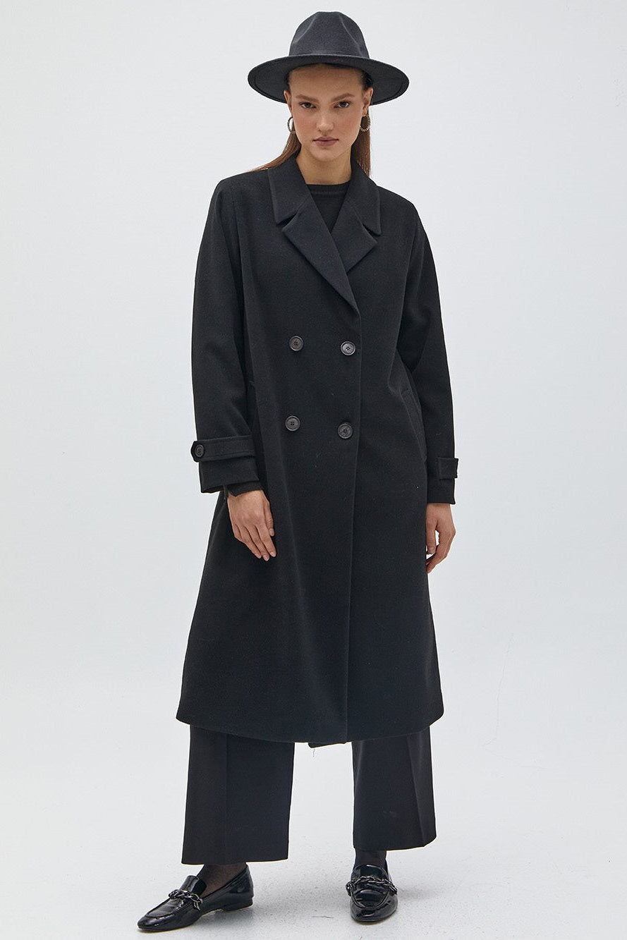 Ankle Epaulette Double Breasted Coat Black