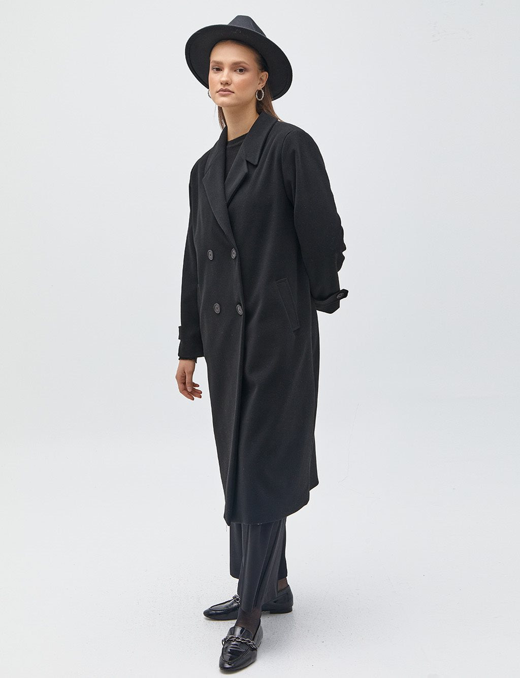 Ankle Epaulette Double Breasted Coat Black