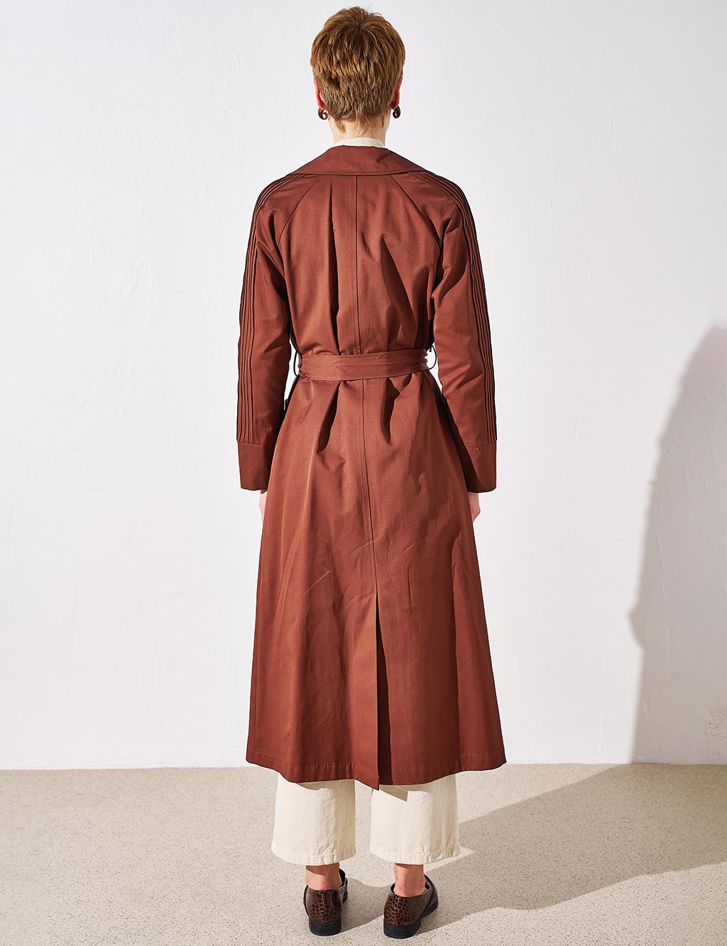 Belted Bone Buttoned Coat Brown