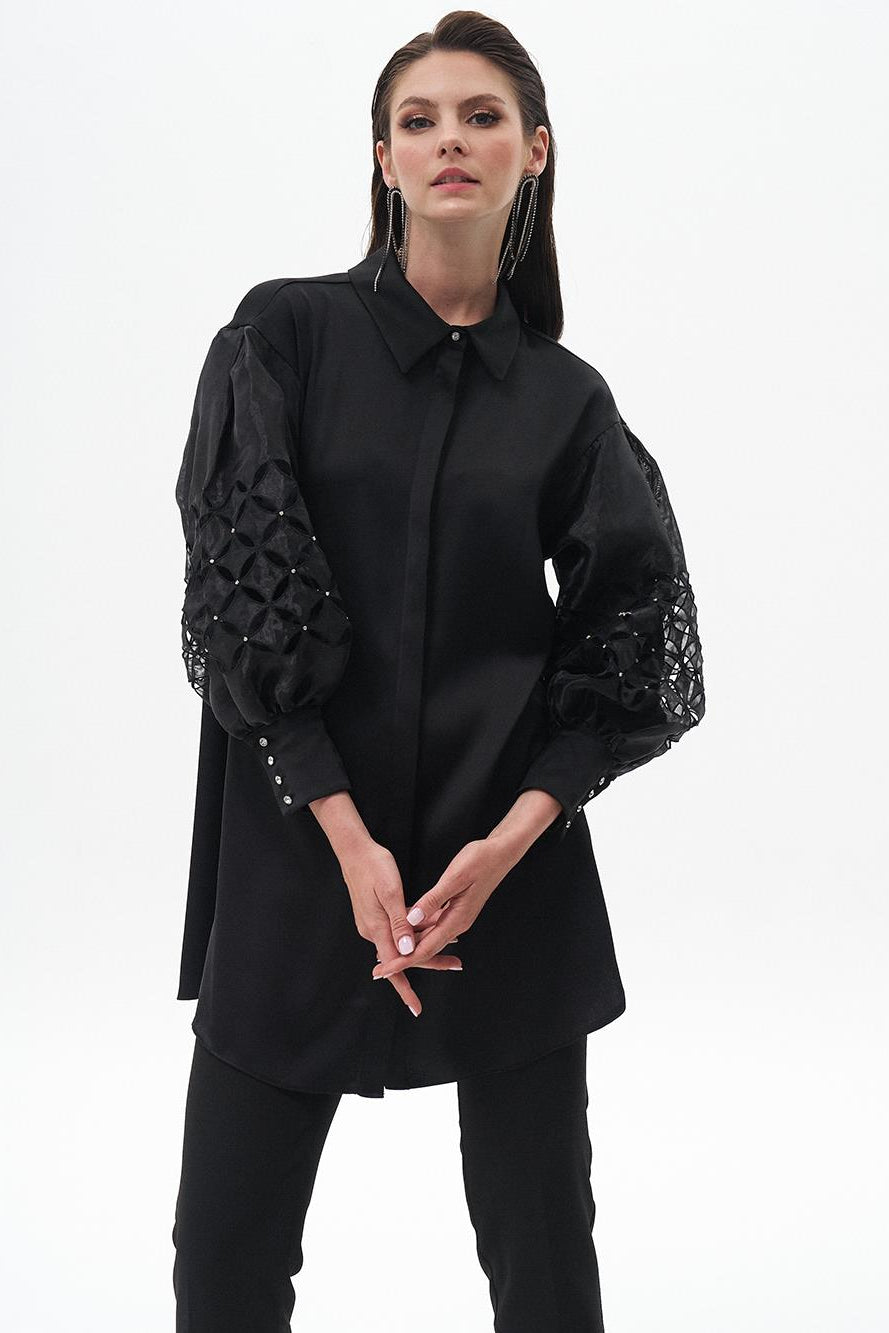 Kol Detaylı Saten Tunik Siyah