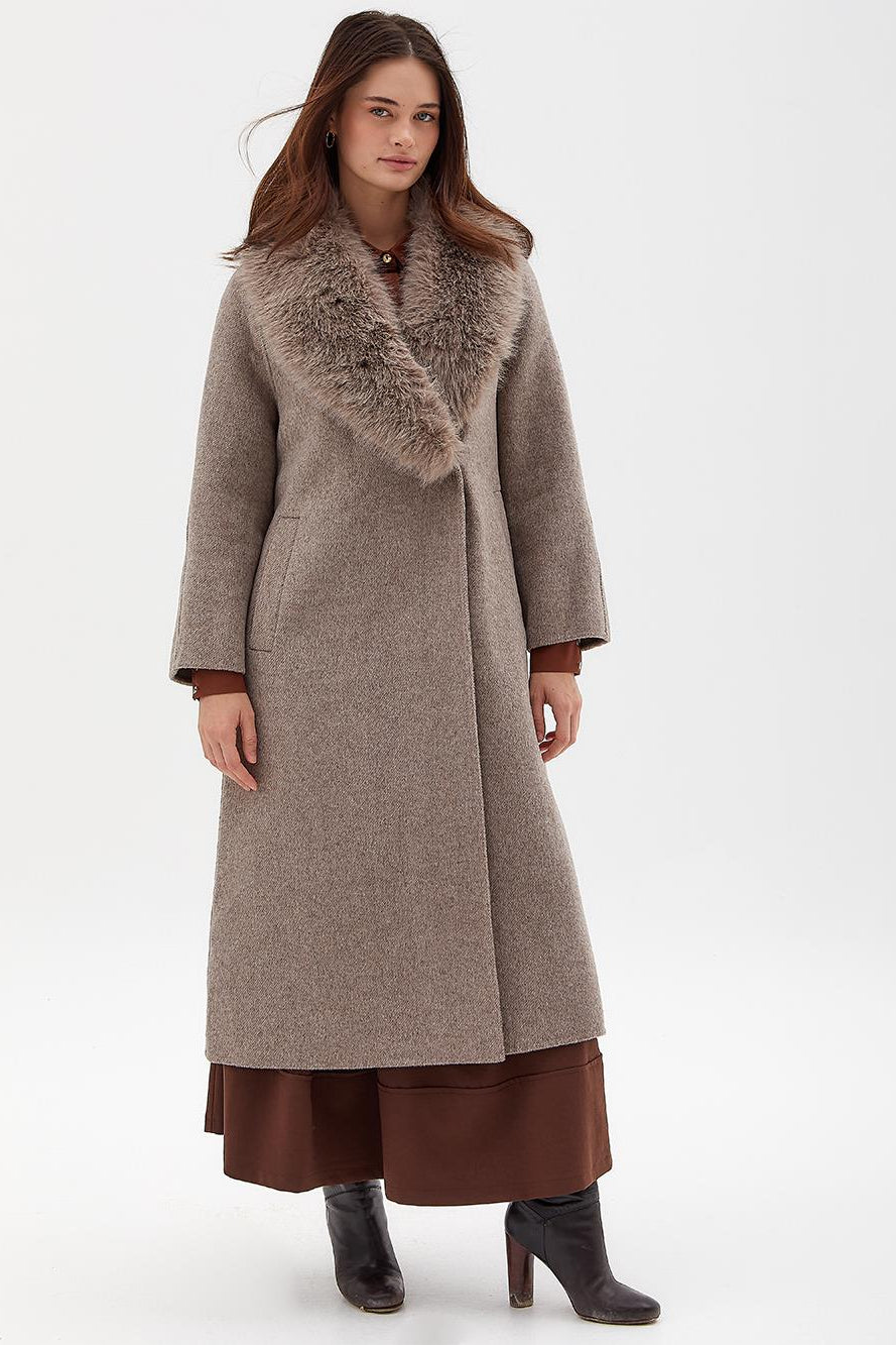 Kürklü Premium Yün Palto, Kruvaze ve Kemerli, Taş Rengi