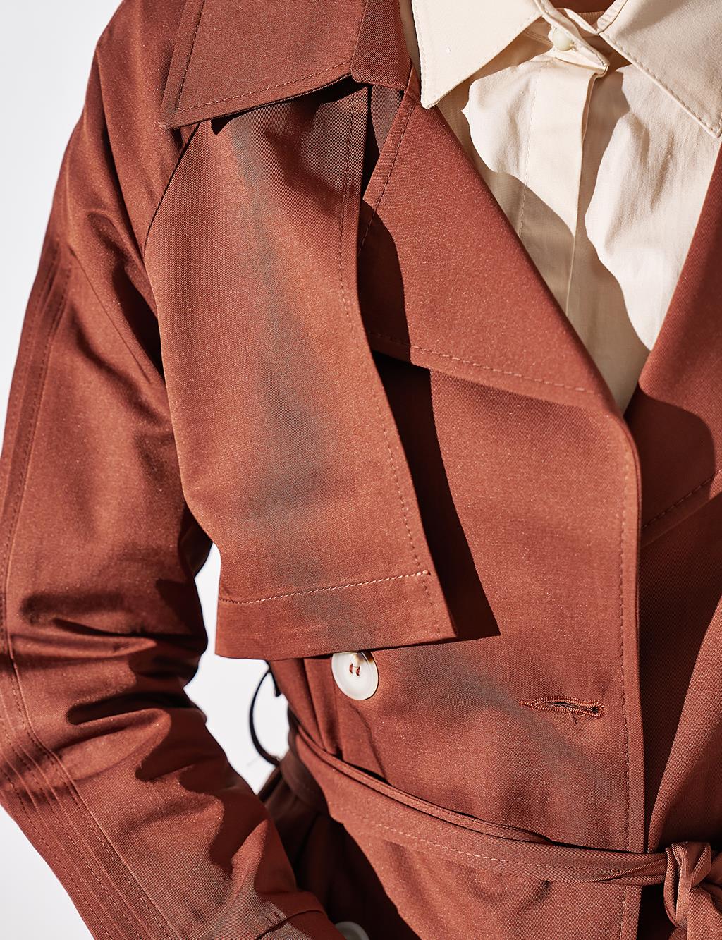 Belted Bone Buttoned Coat Brown