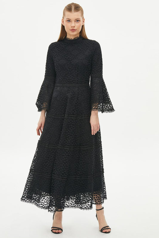 Black lace dress with striped ruffles