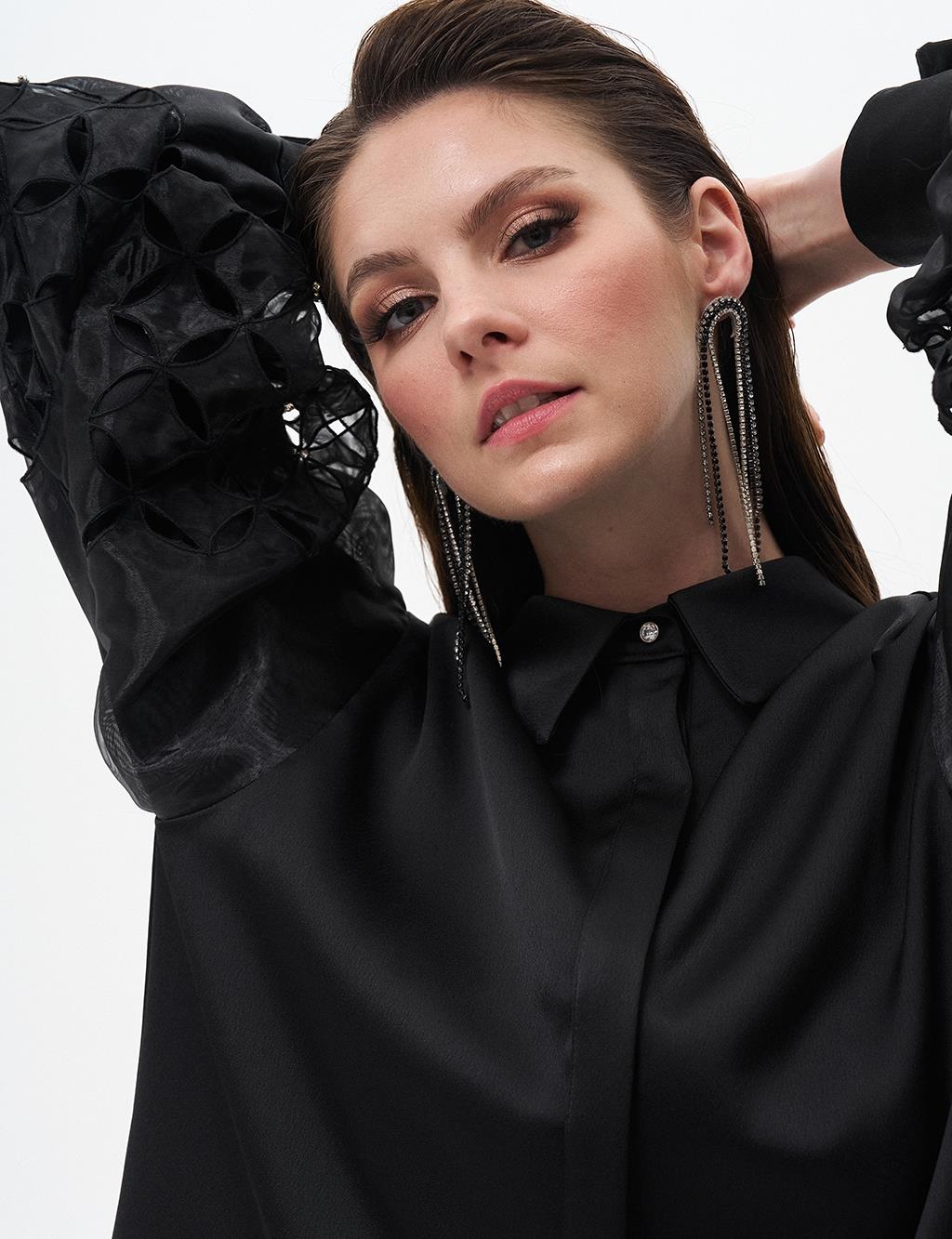 Kol Detaylı Saten Tunik Siyah