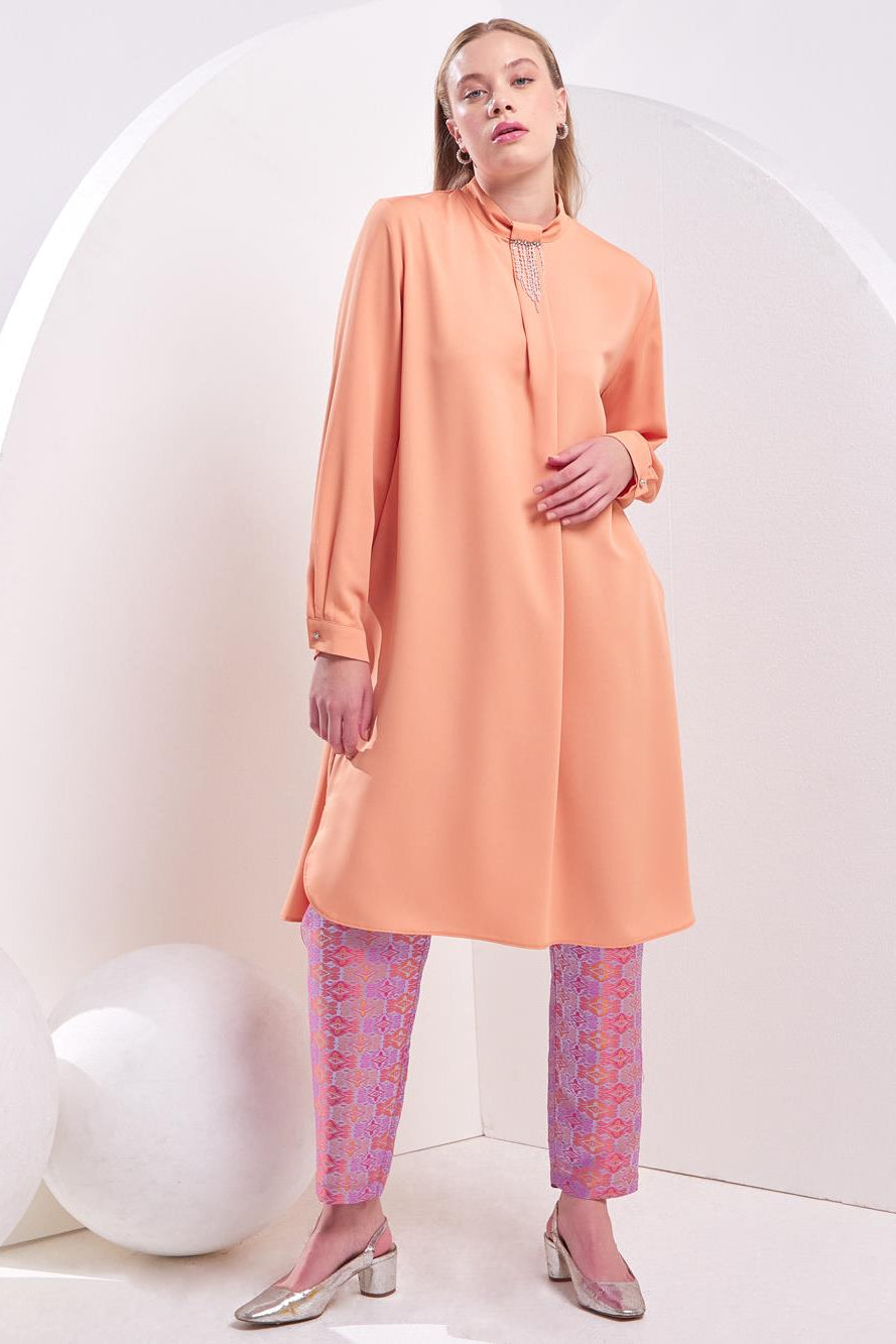 Embroidered Standing Collar Tunic Peach