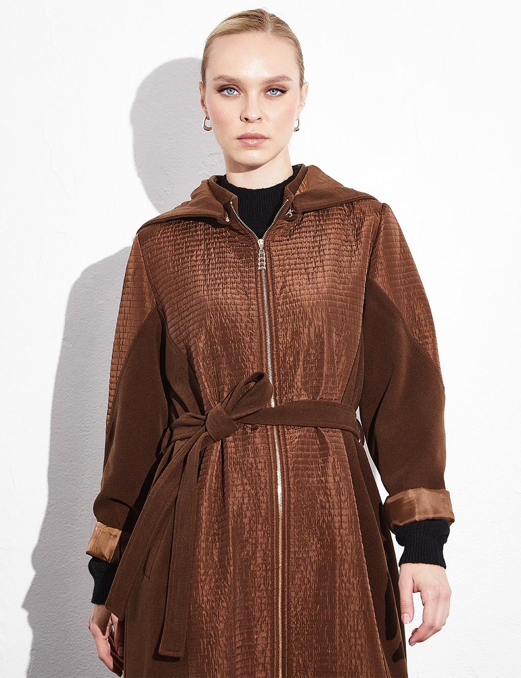 Çıkarılabilir Kapüşonlu Fermuarlı Mont Koyu Kahverengi