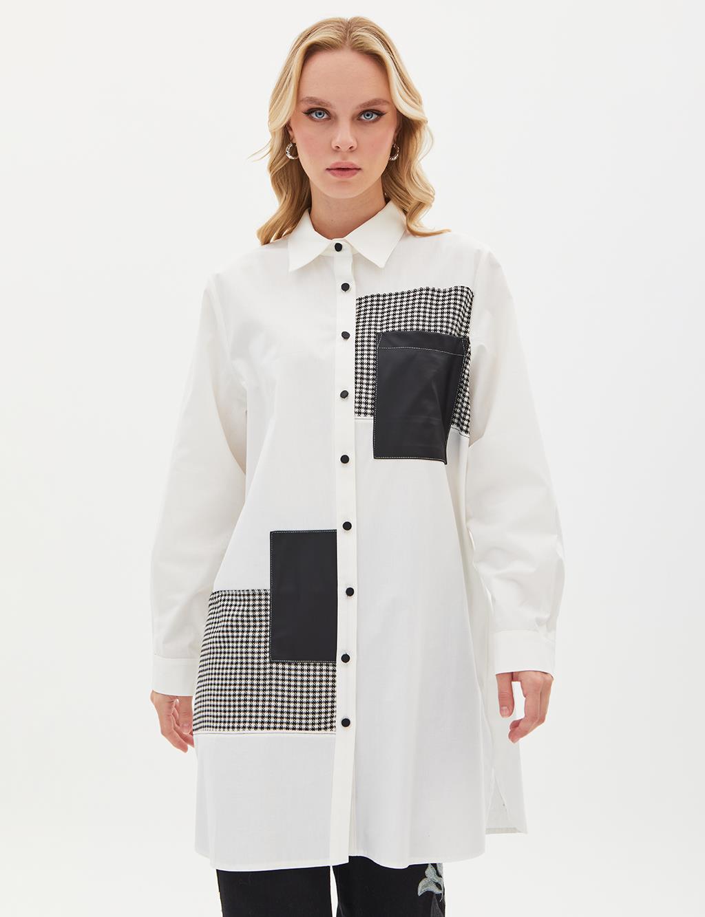 Shirt Collar Houndstooth and Leather Paneled Contrast-Stitched Shirt - Ecru