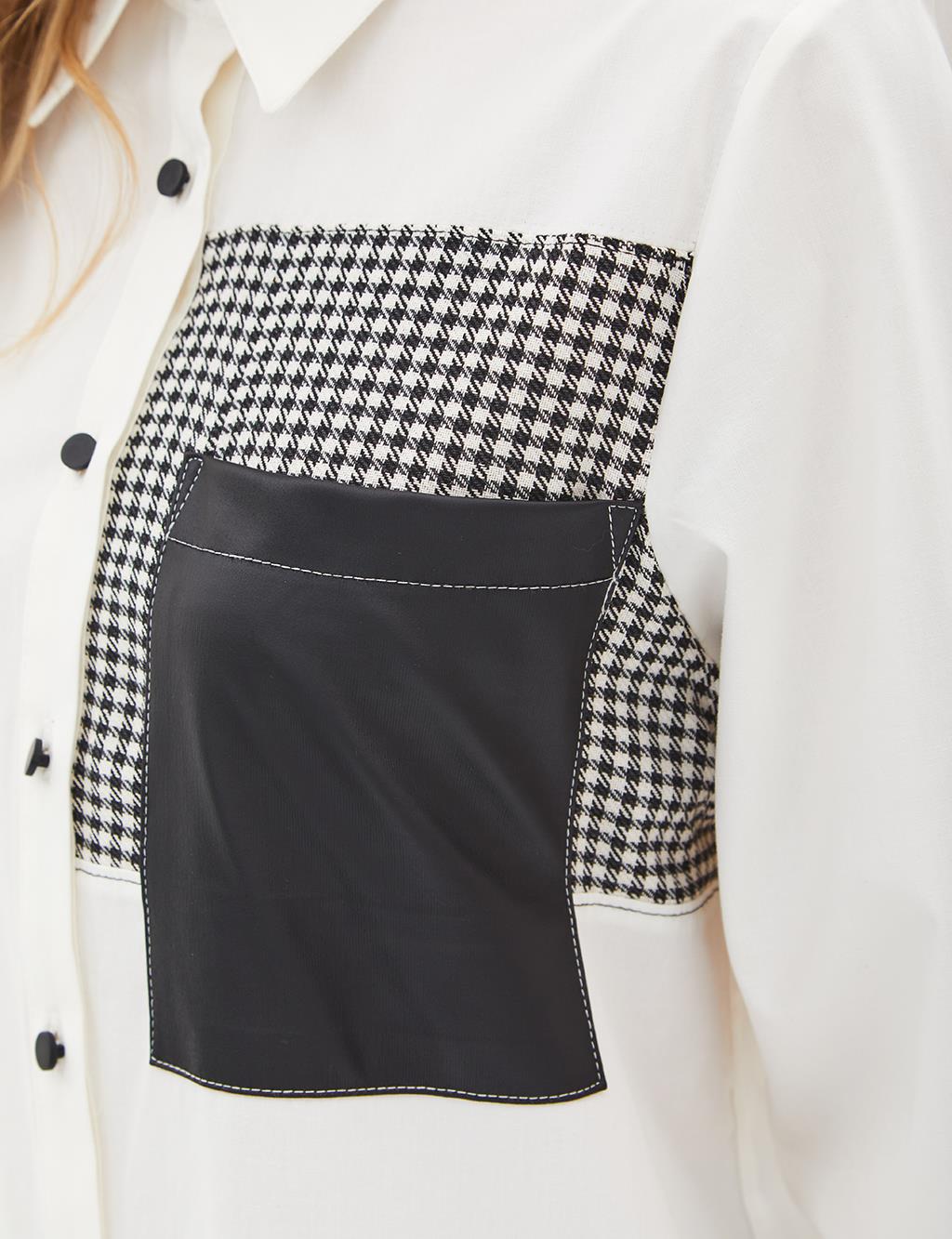 Shirt Collar Houndstooth and Leather Paneled Contrast-Stitched Shirt - Ecru