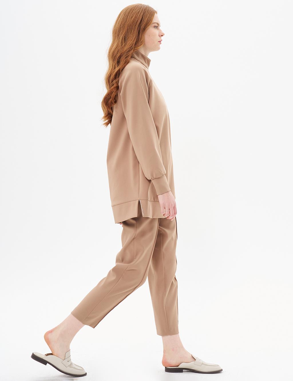 Parlak Taş İki Parçalı Set Bej