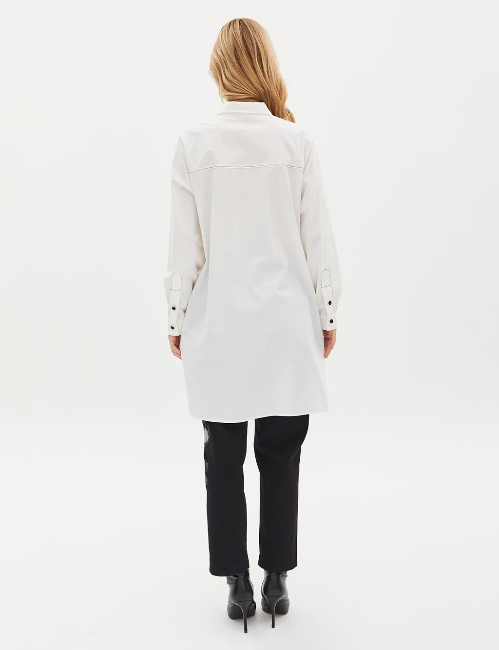 Shirt Collar Houndstooth and Leather Paneled Contrast-Stitched Shirt - Ecru