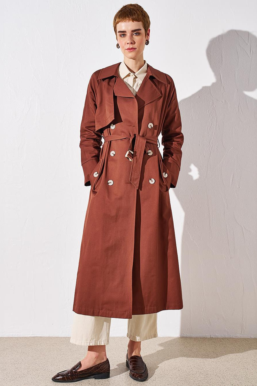 Belted Bone Buttoned Coat Brown